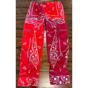 Guapi Mens Bandana Patchwork Cargo Pants Limited Edition Red, Size 38